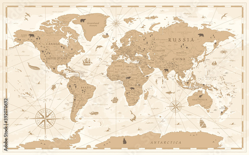 World Map Vintage Cartoon Detailed -