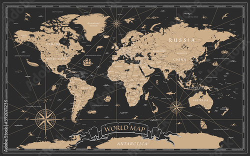 World Map Vintage Black Golden Detailed - © Porcupen