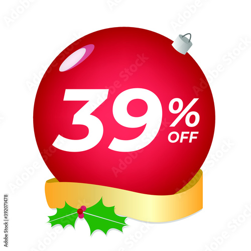 39% off. Thirty-nine percent discount. Christmas sale banner. Red bubble with ornaments on a white background vector.