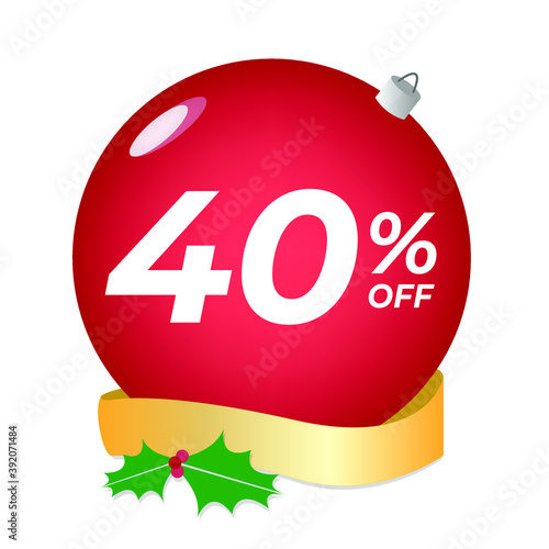 40% off. Forty percent discount. Christmas sale banner. Red bubble with ornaments on a white background vector.