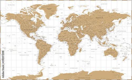 World Map - Vintage Golden Political - Detailed Illustration