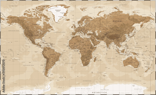 World Map - Vintage Physical Topographic - Detailed Illustration