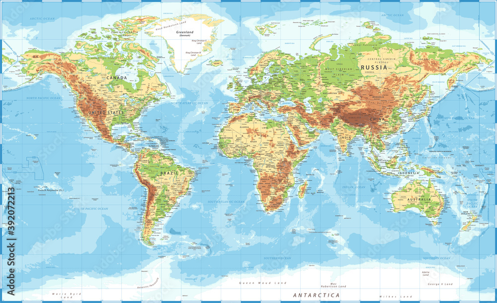 Obraz Mapa świata — fizyczna topograficzna — szczegółowa ilustracja