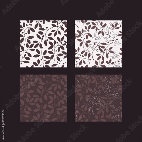 A set of seamless patterns. Flowers on a chocolate background.