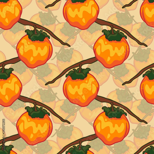 Seamless pattern with Vector doodle Persimmon. Hand drawn persimmon fruit background. Can be used for printed materials - leaflets, posters, business cards or for web
