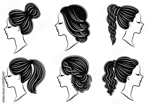 Collection. Silhouette of the head of a lovely lady. The girl demonstrates her pech hairstyle for long and medium hair. Suitable for logo, advertising. Vector illustration set.