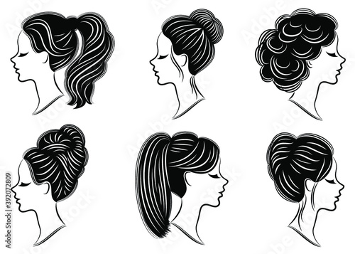 Collection. Silhouette of the head of a lovely lady. The girl demonstrates her pech hairstyle for long and medium hair. Suitable for logo, advertising. Vector illustration set.