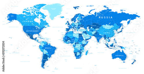 World Map Political - Blue and White Color - Detailed Illustration