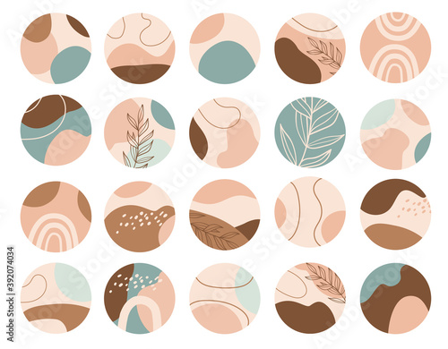 Set of Highlights cover icons. Round texture and floral icons for social media stories in pastel colours. Abstract backgrounds.