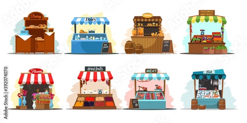 Street market stalls and kiosks with food illustration set. Outdoor local fair vector. Groceries, fish, honey, flowers, vegetables, fruits, meat, bakery, dairy stores. Empty wooden booth