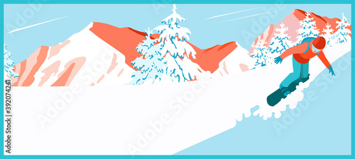 Background with a snowboarder and mountain landscape
