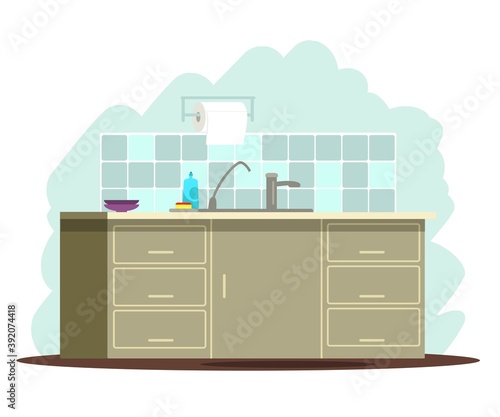 Modern vintage kitchen interior design background. Place at home for cleaning and washing. Counter with cupboards, tap and sink, plates, towel. Empty cozy clean area vector illustration