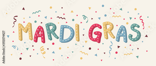 Hand drawn text and decorations for Mardi Gras Party. Vector