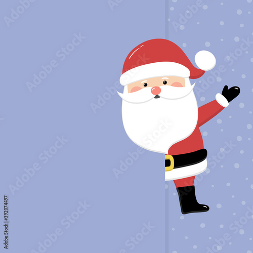 Happy Santa Claus on background with snowflakes and copyspace. Christmas decoration. Vector