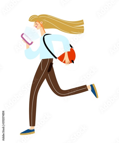 Girl walking distracted by phone. Young woman going, holding smartphone in hand. Online social network lifestyle vector illustration. Hipster student with device on white background