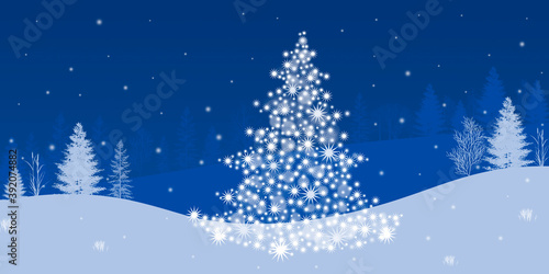 Christmas background with Christmas tree and on a blue background.