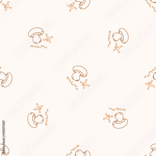 Seamless background satans bolete mushroom gender neutral pattern. Whimsical minimal earthy 2 tone color. kids nursery wallpaper or boho cartoon fungi fashion all over print. 