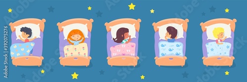 Children sleeping in beds set. Little boys and girls lying under blankets on pillows in bedroom or kindergarten. Asleep at night dreaming. Happy childhood vector illustration, blue background
