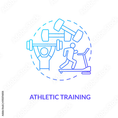 Athletic exercise blue gradient concept icon. Gym workout. Train on treadmill. Weight lifting. Body care. Kinesiology idea thin line illustration. Vector isolated outline RGB color drawing