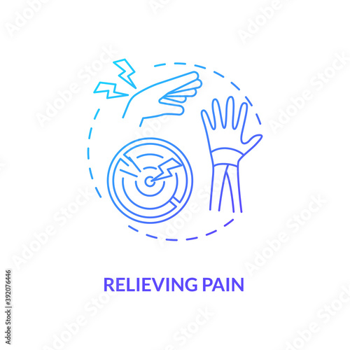 Relieve pain blue gradient concept icon. Injury recovery. Inflammation point in body. Reduce sprain. Kinesiology idea thin line illustration. Vector isolated outline RGB color drawing