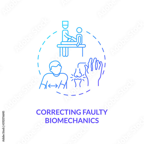 Correcting faulty biomechanics blue gradient concept icon. Physical rehabilitation with therapist. Kinesiology treatment idea thin line illustration. Vector isolated outline RGB color drawing