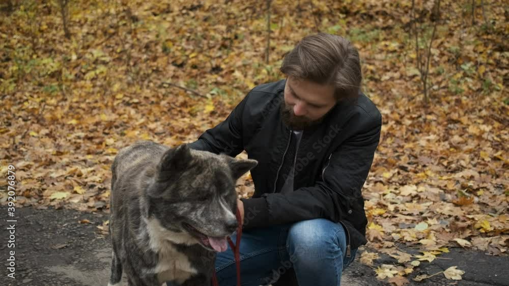 Brutal brunette walking a dog in the autumn park. Self-isolation in nature during an epidemic Brutal brunette walking a dog in the autumn park. Self-isolation in nature during an epidemic