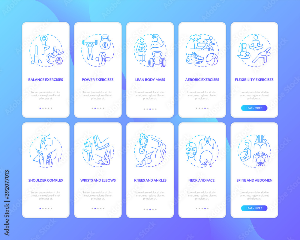 Kinesiology dark blue onboarding mobile app page screen with concepts set. Workout activity. Physical health walkthrough 5 steps graphic instructions. UI vector template with RGB color illustrations Kinesiology dark blue onboarding mobile app page screen with concepts set. Workout activity. Physical health walkthrough 5 steps graphic instructions. UI vector template with RGB color illustrations