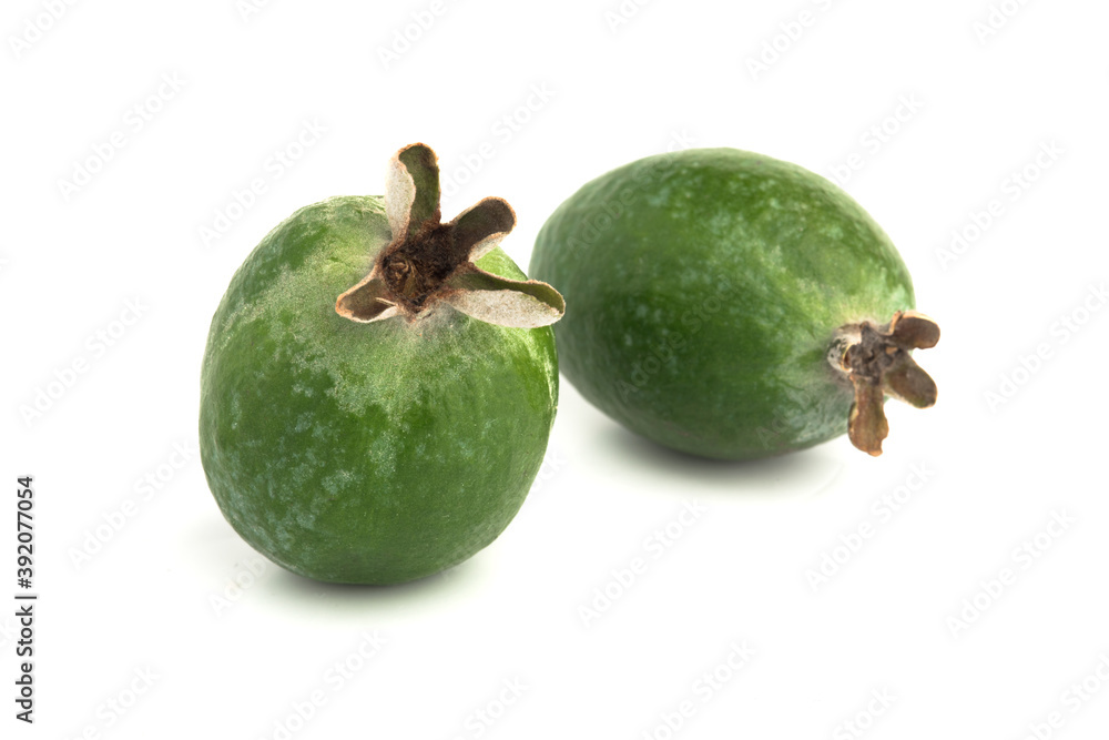 Green feijoa fruit on an isolated white background. Green feijoa fruit on an isolated white background.