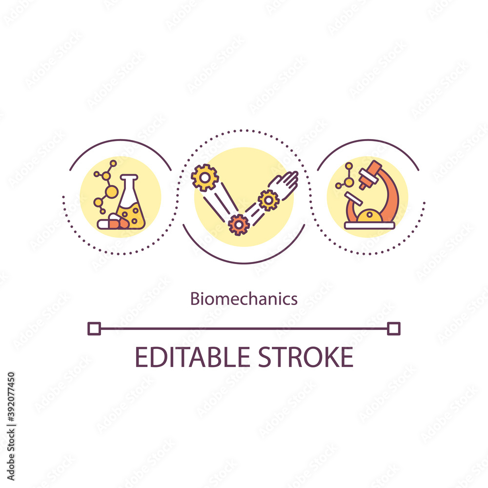 Biomechanics concept icon. Living body movement idea thin line illustration. Musculoskeletal problems. Muscles, bones, tendons. Vector isolated outline RGB color drawing. Editable stroke