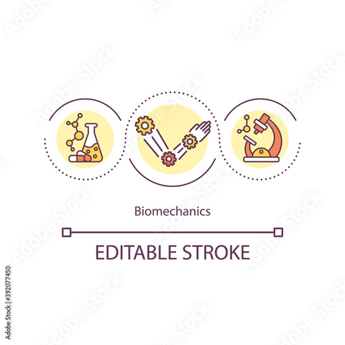 Biomechanics concept icon. Living body movement idea thin line illustration. Musculoskeletal problems. Muscles, bones, tendons. Vector isolated outline RGB color drawing. Editable stroke