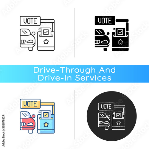 Drive through voting booth icon. Polling station. Express election service. Driver voter in car. Auto in transport lane. Linear black and RGB color styles. Isolated vector illustrations