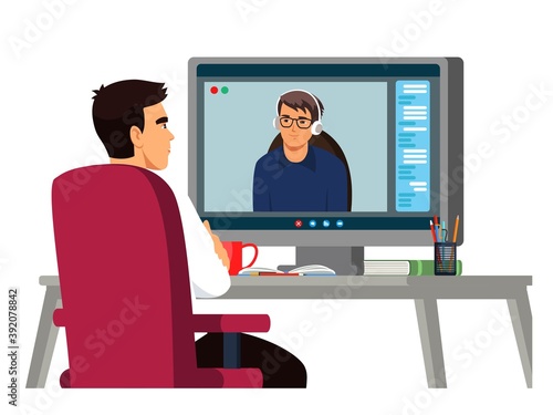 Two men talking at online video call. Communication via computer screen vector illustration. Workers talking on videoconference with cup and books. Virtual digital meeting
