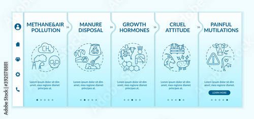 Unethical farm production onboarding vector template. Indsutrial facility. Animal cruelty. Responsive mobile website with icons. Webpage walkthrough step screens. RGB color concept