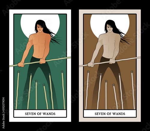 Seven of wands. Tarot cards. Long-haired young man, holding a wand fighting six lower sticks