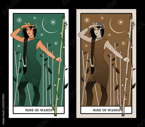 Nine of wands. Tarot cards. Young woman looking away, holding a wand surrounded by flowers and leaves; Eight sticks in the background