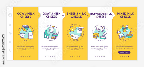 Cheese making onboarding vector template. Dairy industry. Farm food manufacture. Indsutrial production. Responsive mobile website with icons. Webpage walkthrough step screens. RGB color concept