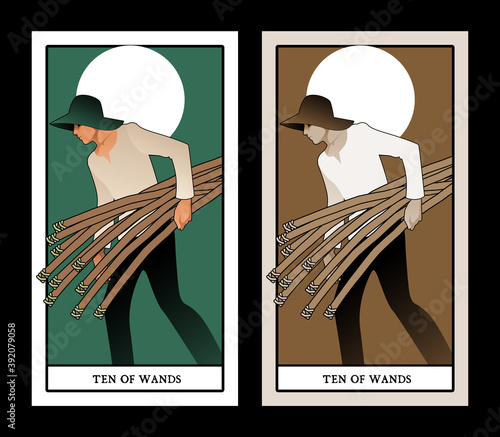 Ten of wands. Tarot cards. Young man with hat, carrying ten sticks, with the sun in the background