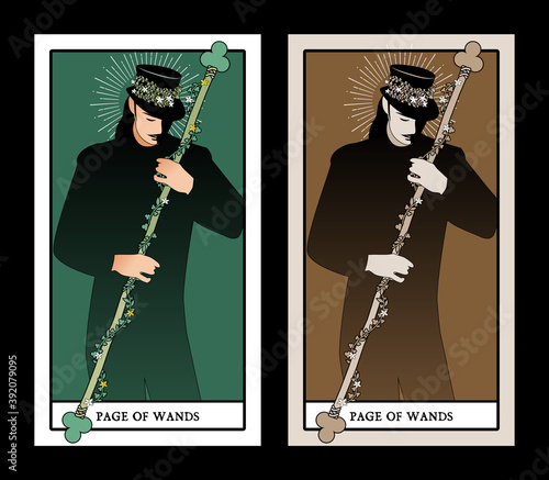 Page or knave of swords with top hat holding a sword with flowers and leaves. Minor arcana Tarot cards. Spanish playing cards