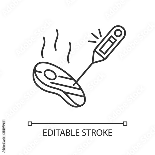 Thermometer linear icon. Kitchen tool to measure meat temperature. Gauge for heat. Thin line customizable illustration. Contour symbol. Vector isolated outline drawing. Editable stroke