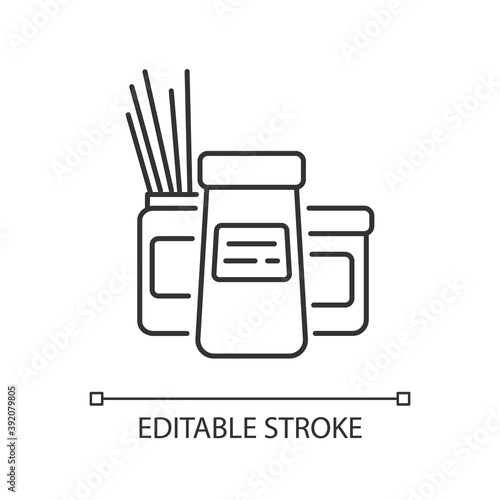 Storage container linear icon. Grain in tin with lid. Pot for condiments. Household kitchen tool. Thin line customizable illustration. Contour symbol. Vector isolated outline drawing. Editable stroke