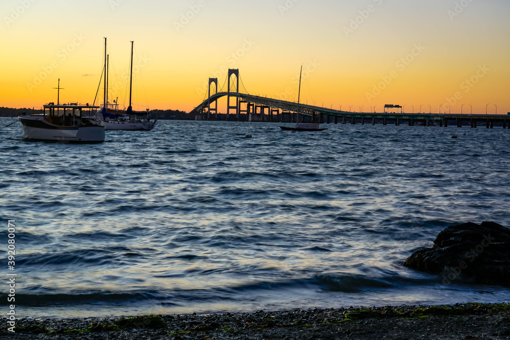 Pell Bridge in Newport at sunset.