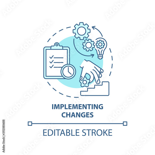 Implementing changes concept icon. Business consulting stage idea thin line illustration. Building plan. Providing effective training. Vector isolated outline RGB color drawing. Editable stroke
