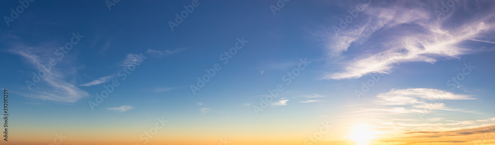 Beautiful Panoramic View of colorful cloudscape with blue Sky in Background during a sunny sunset. Taken in Vancouver, British Columbia, Canada.