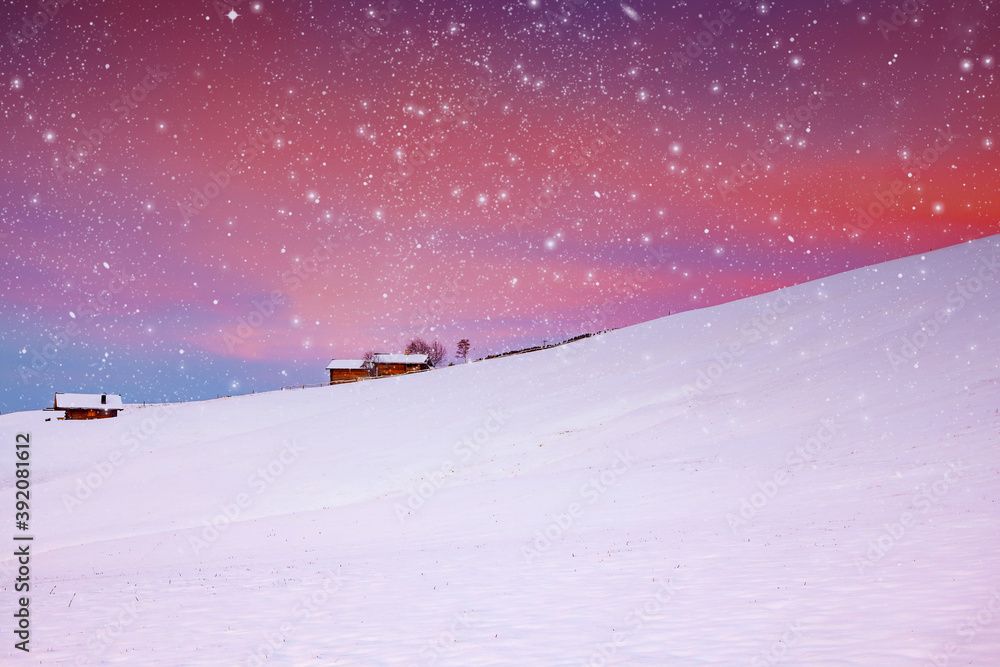 amazing winter landscape with snow at sunrise in Alpe di Siusi. Dolomites Italy - winter holidays destination amazing winter landscape with snow at sunrise in Alpe di Siusi. Dolomites Italy - winter holidays destination