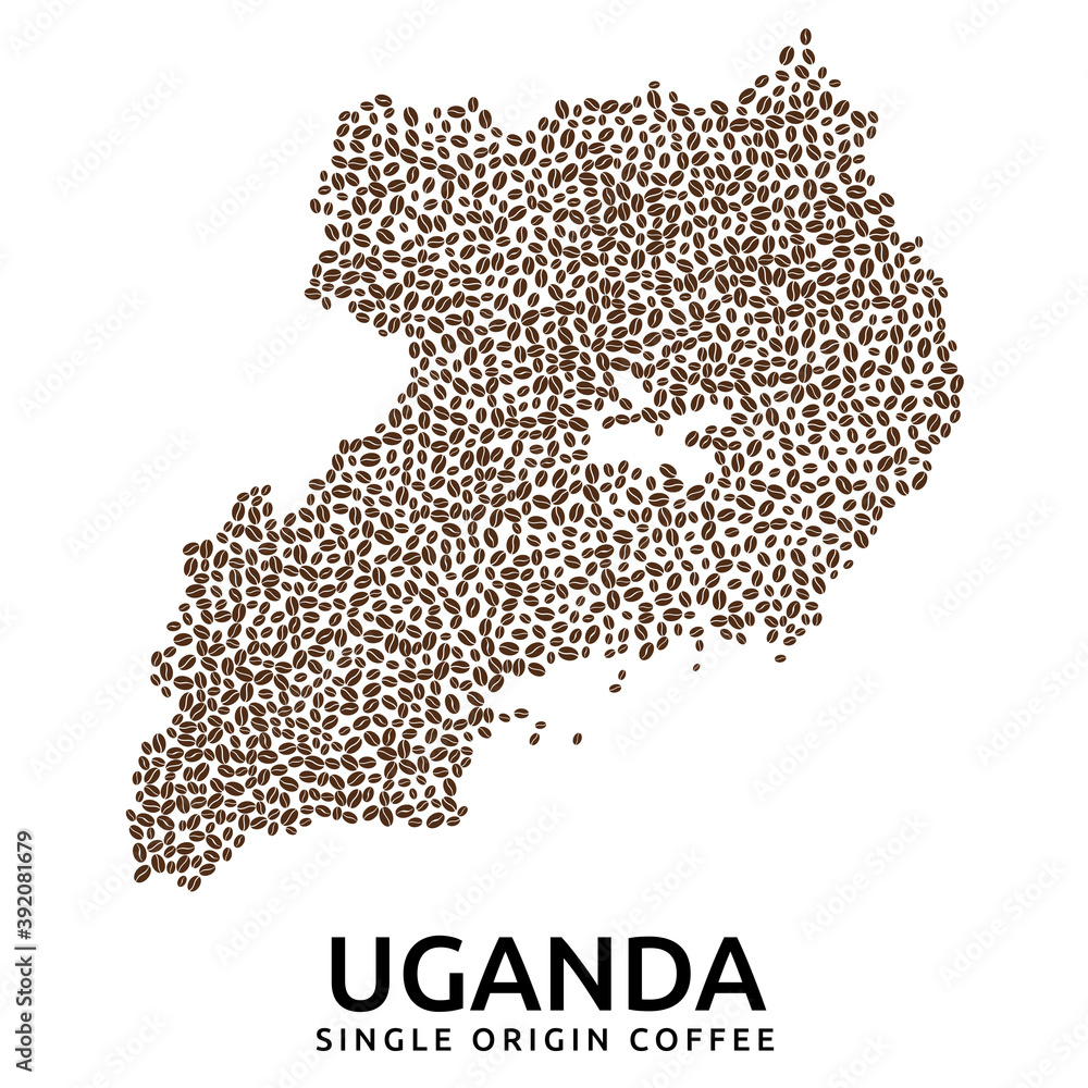 Shape of Uganda map made of scattered coffee beans, country name below
