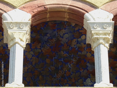 Detail of arcade in a Neo Romanesque building in the historic centre of Sitges. Barcelona. Spain.   photo