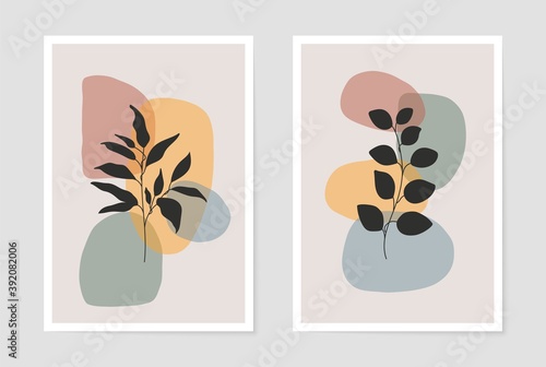 Botanical abstract posters. Wall art set contemporary shapes boho foliage for decor cards wallpaper cover print, minimal vector