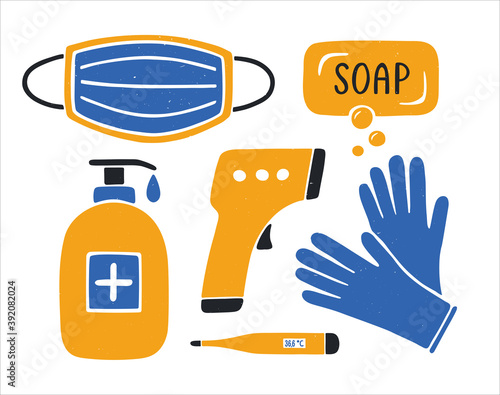 Covid personal protection icons set. Coronavirus, covid 19 prevention items. Mask, soap, digital and infrared thermometers, gloves and sanitizer. Vector shabby hand drawn illustration