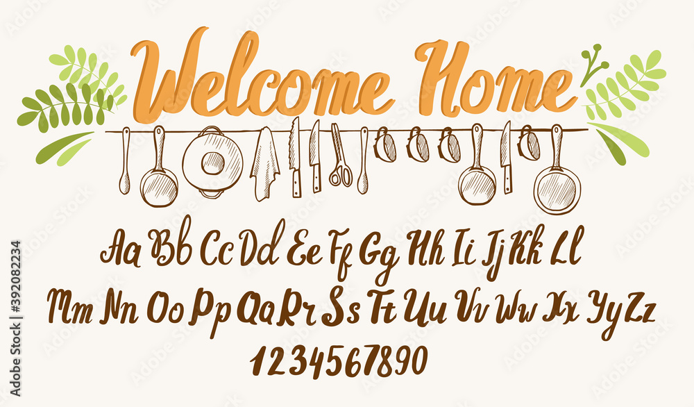 Farmhouse font. Typography alphabet with illustrations. Handwritten ...