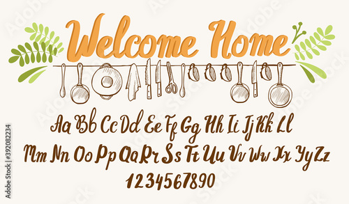 Farmhouse font. Typography alphabet with illustrations. Handwritten script for house decoration and crafty design.